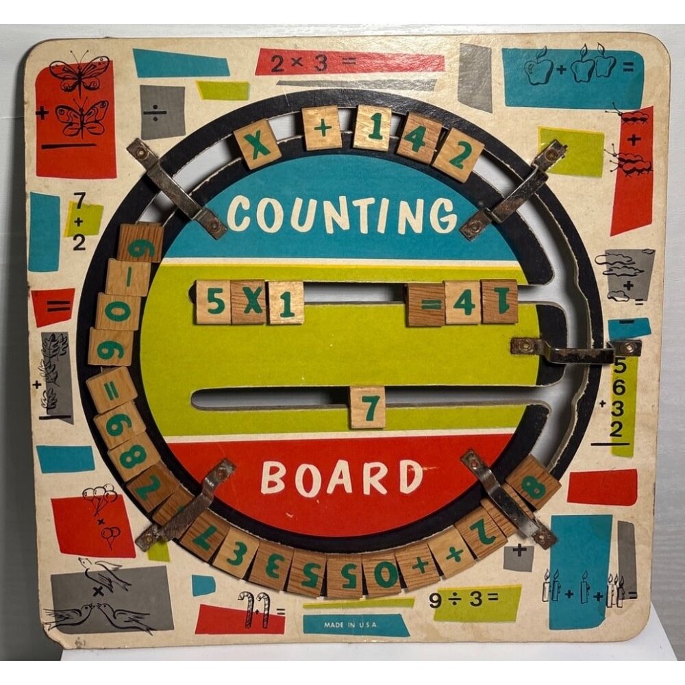 Wooden Spelling & Counting Board Game Vintage 1950s Double Sided 10 x 10"
